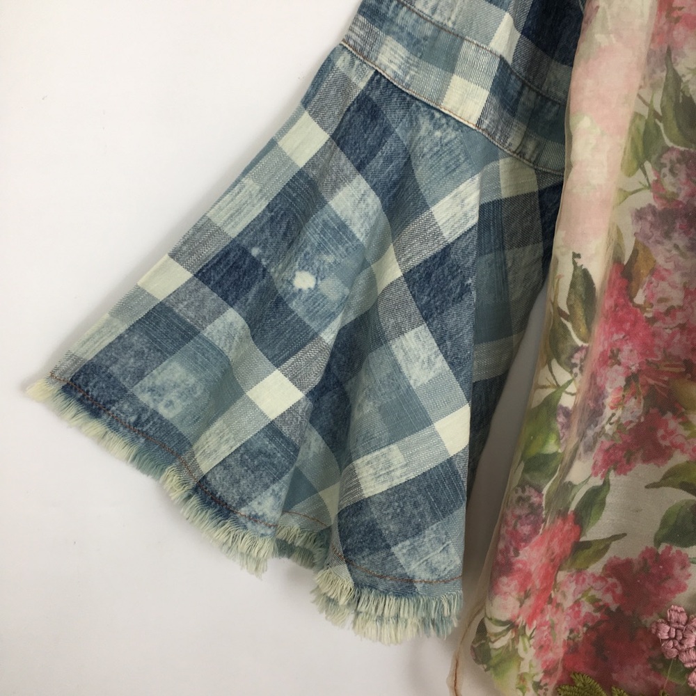 Aratta Silent Journey Plaid Chambray Floral Embroidered Button Down Top Blouse - Picture 13 of 16